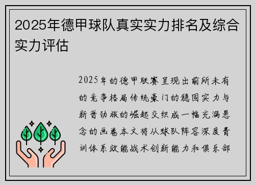 2025年德甲球队真实实力排名及综合实力评估
